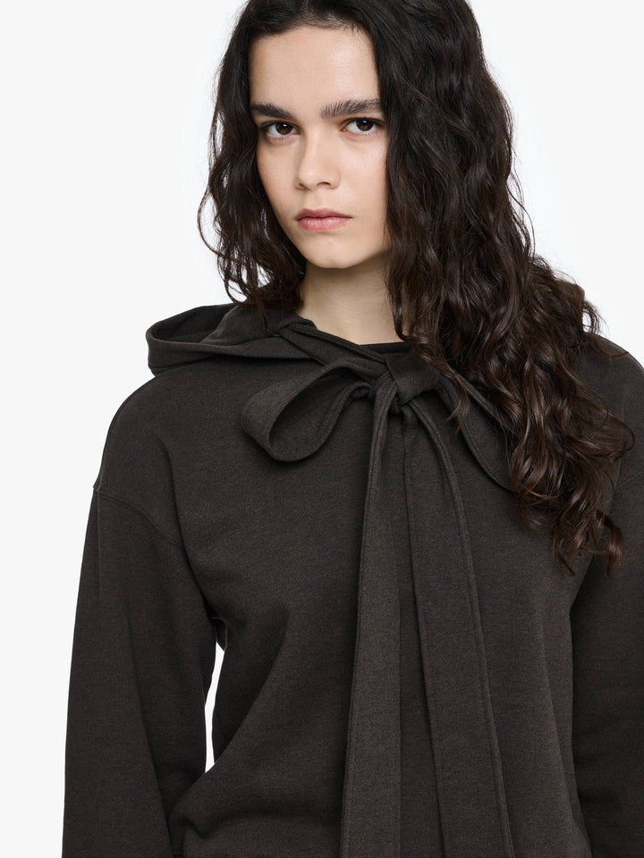 TIED BOW HOODIE - Dark Brown Melange