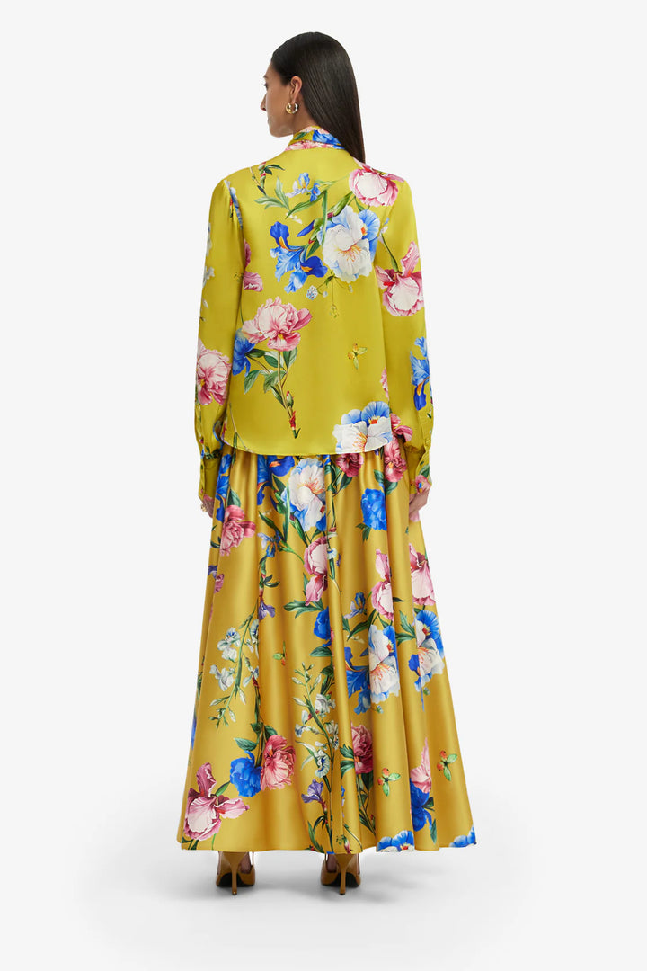 Freya Tie Neck Silk Blouse - Garden Print Mustard