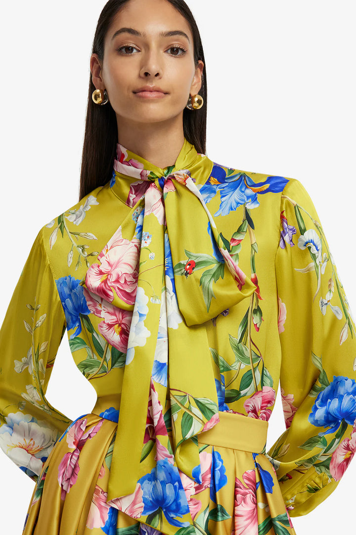 Freya Tie Neck Silk Blouse - Garden Print Mustard
