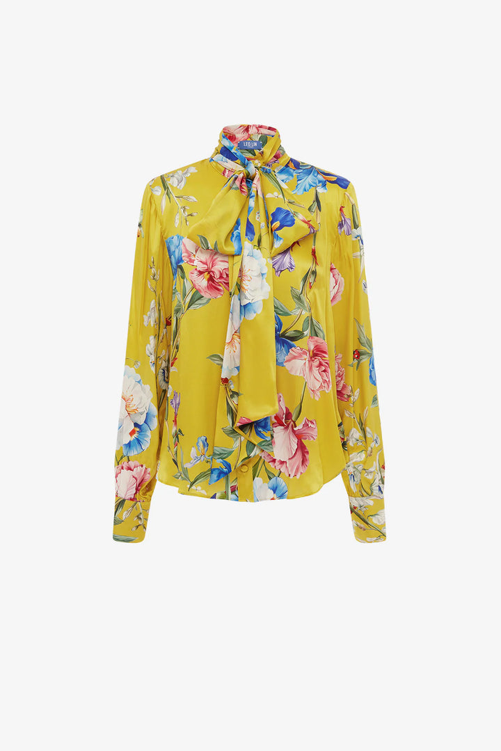 Freya Tie Neck Silk Blouse - Garden Print Mustard