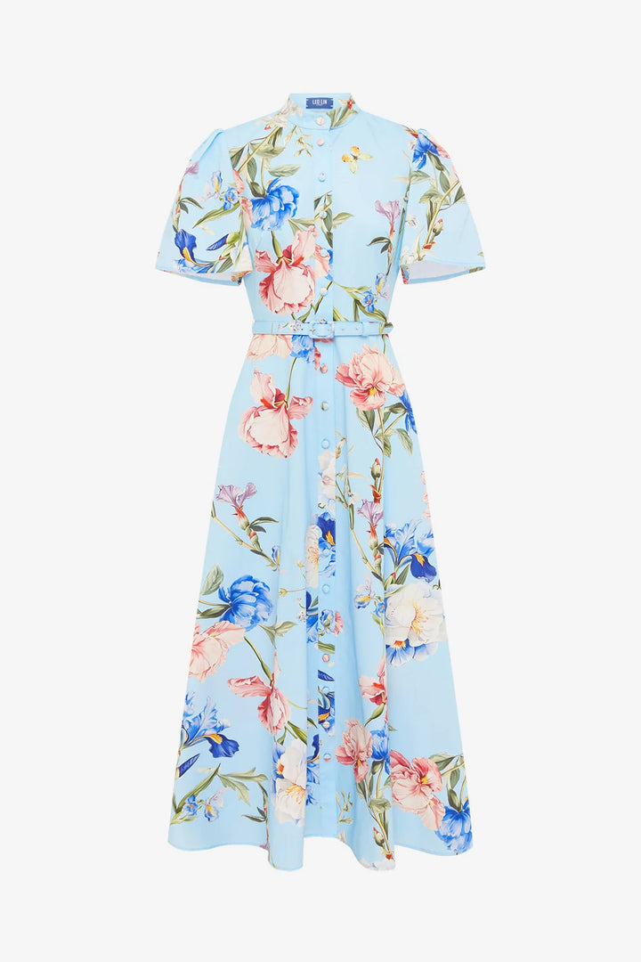 Bianca Short Sleeve Midi Dress - Garden Print in Baby Blue