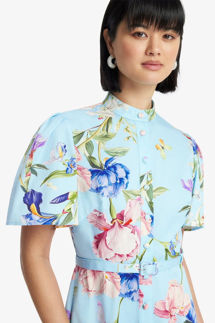 Bianca Short Sleeve Midi Dress - Garden Print in Baby Blue