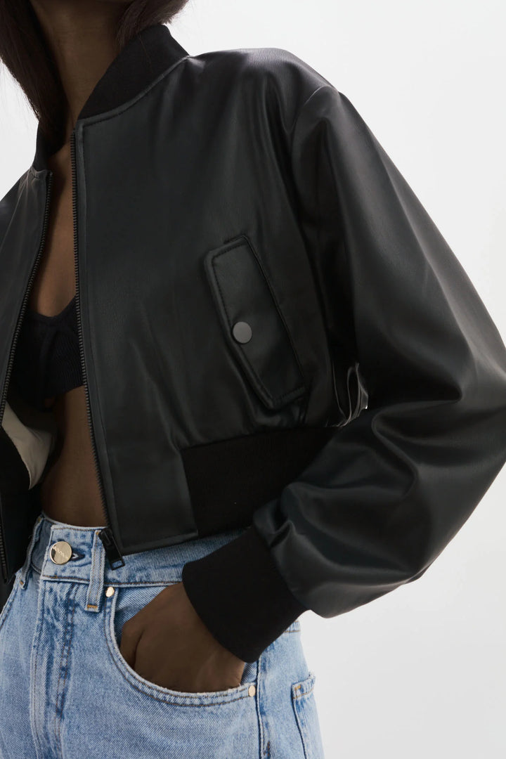 EVELIN Faux Leather Cropped Bomber - Black
