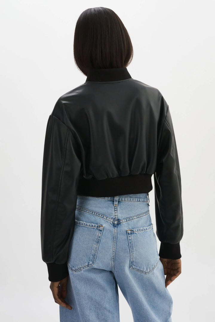 EVELIN Faux Leather Cropped Bomber - Black