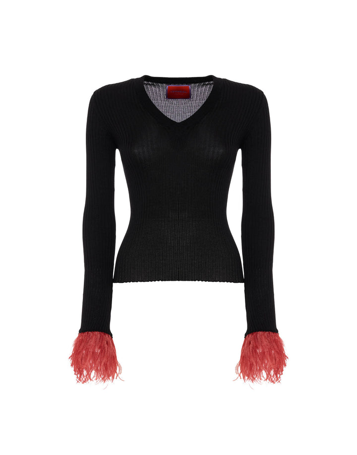 V-Neck High Kick Top - Solid Black in Ribbed Silk Cashmere With Feathers