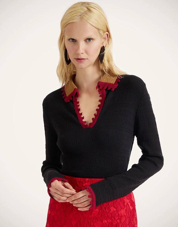 Picket Polo Jumper - Solid Black in Cotton Cashmere