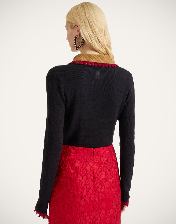 Picket Polo Jumper - Solid Black in Cotton Cashmere