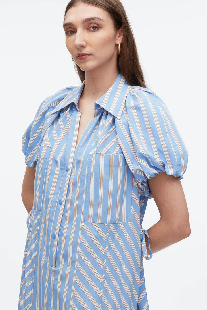 Puff Sleeve Short Shirt Dress - Oxford Blue Multi