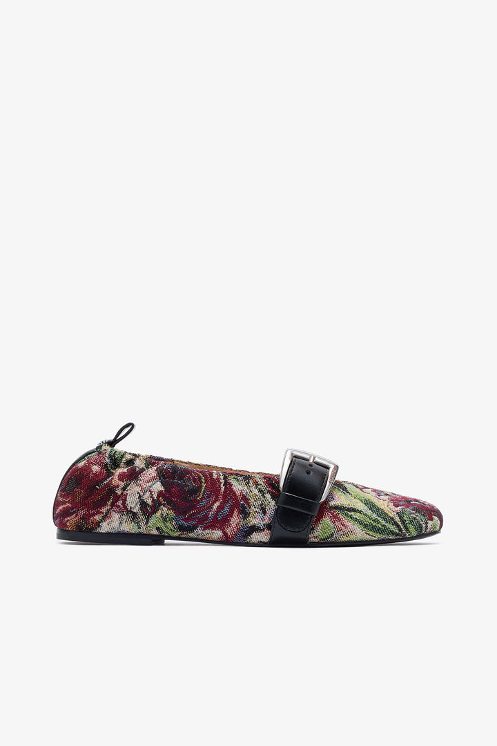 Buckle Strap Ballerinas in Tapestry - Tawny Port
