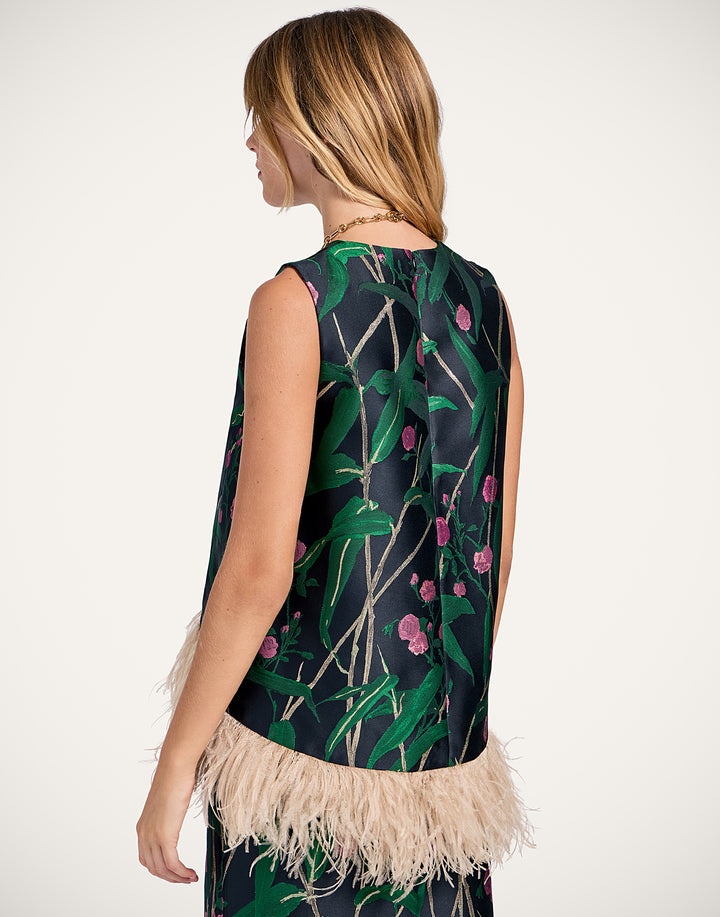 La Scala Top - Bamboo Black in Jacquard With Feathers