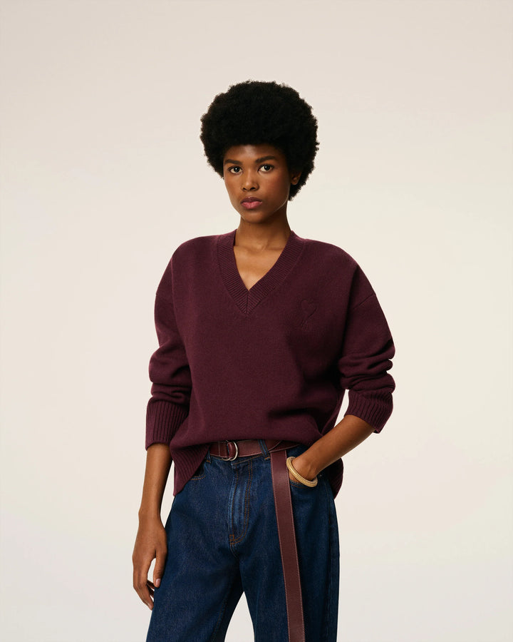 Wool Ami De Coeur V Neck Sweater - Burgundy