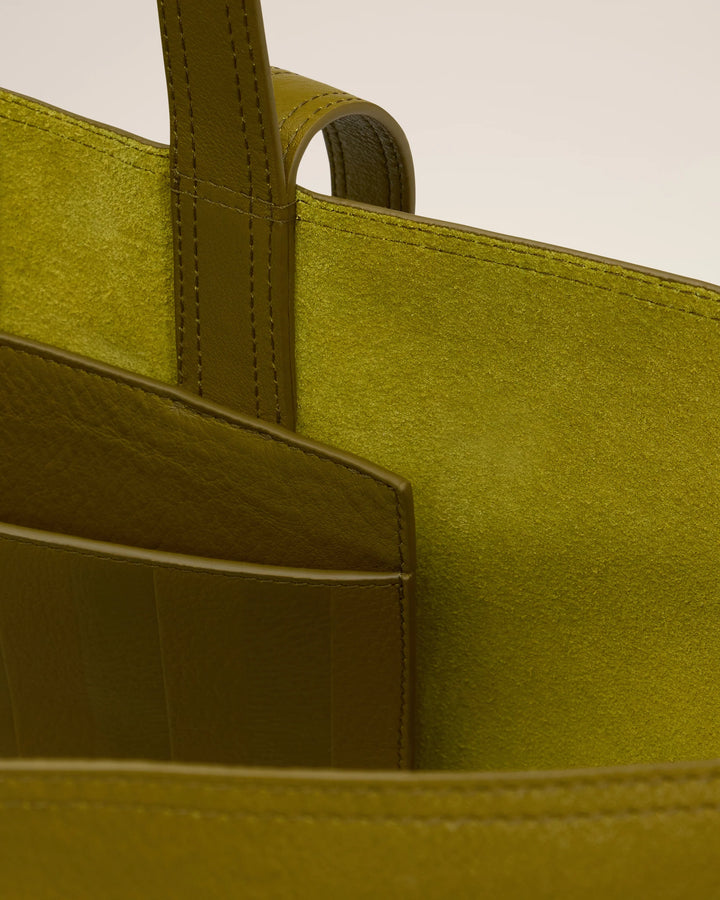Khaki Leather Midi Tote Bag - Lichen