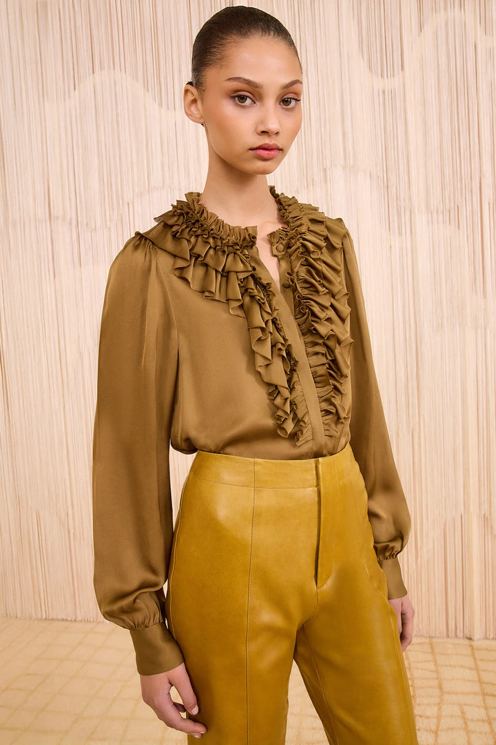 Rouen Silk Ruffle Front Long Sleeve Blouse - Willow