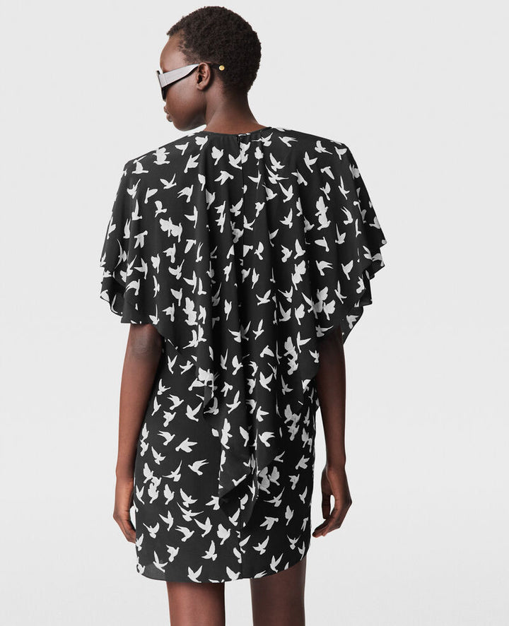 Layered Short-Sleeve Dove Print Mini Dress - Black/White