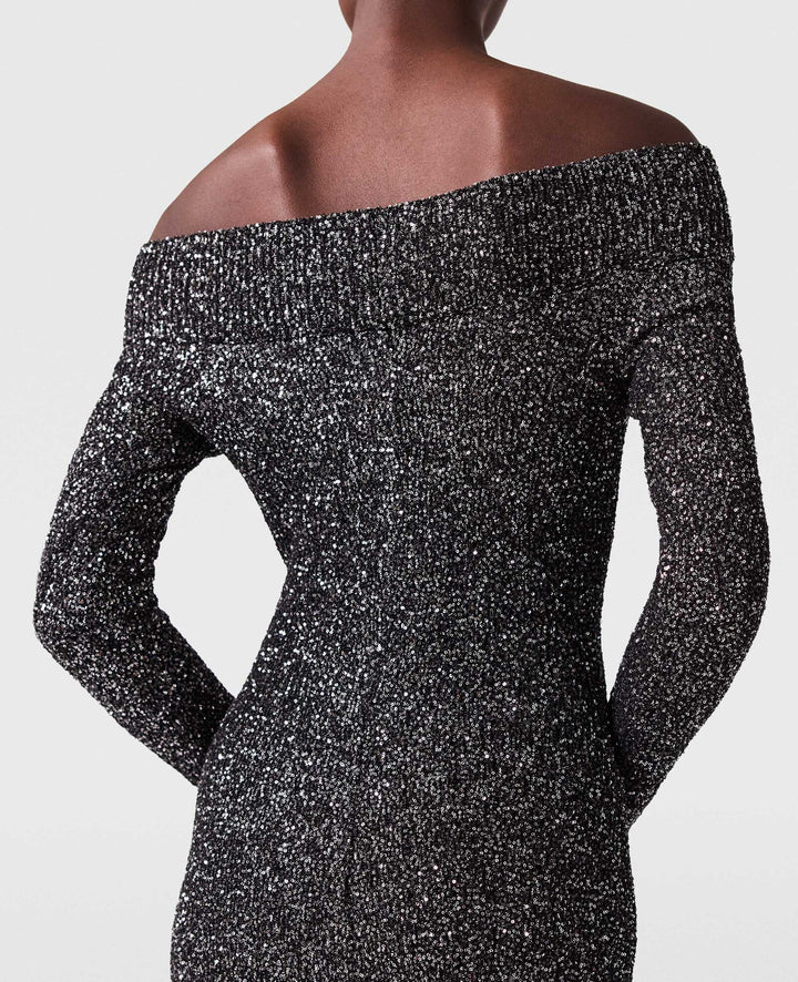 Sequin Off-Shoulder Floor-Length Dress - Black