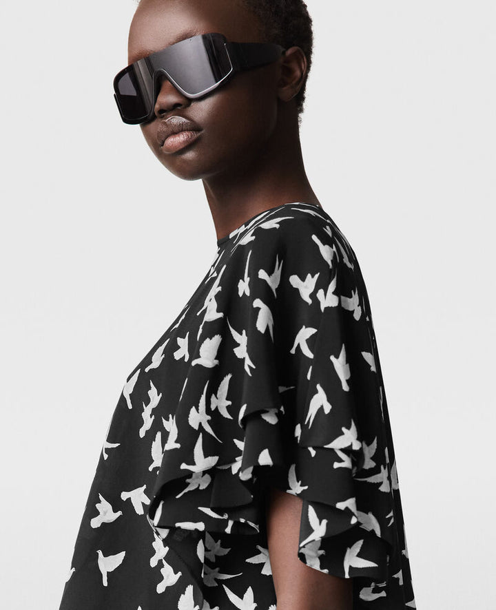 Layered Short-Sleeve Dove Print Mini Dress - Black/White