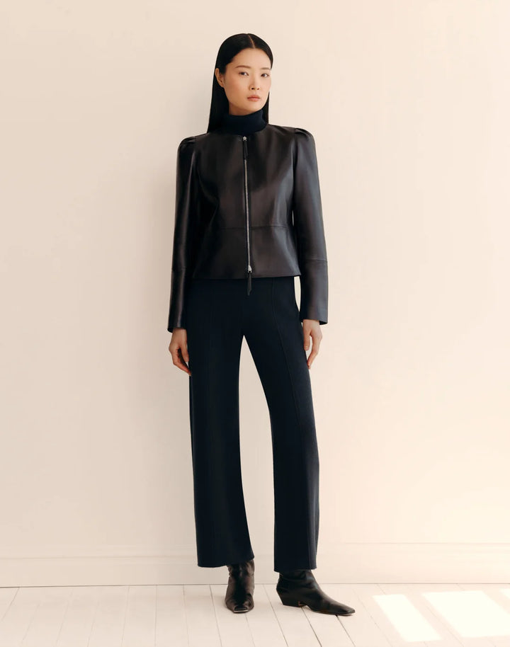 Nappa Leather Collarless Fitted Jacket - Ink