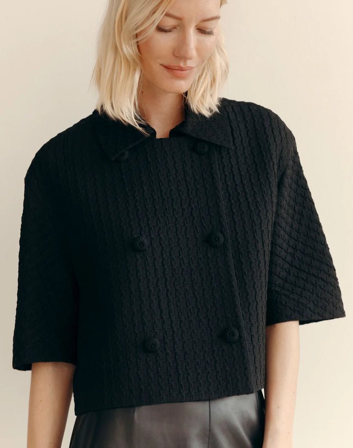 Jacquard Double Breasted Short Sleeve Jacket - Black