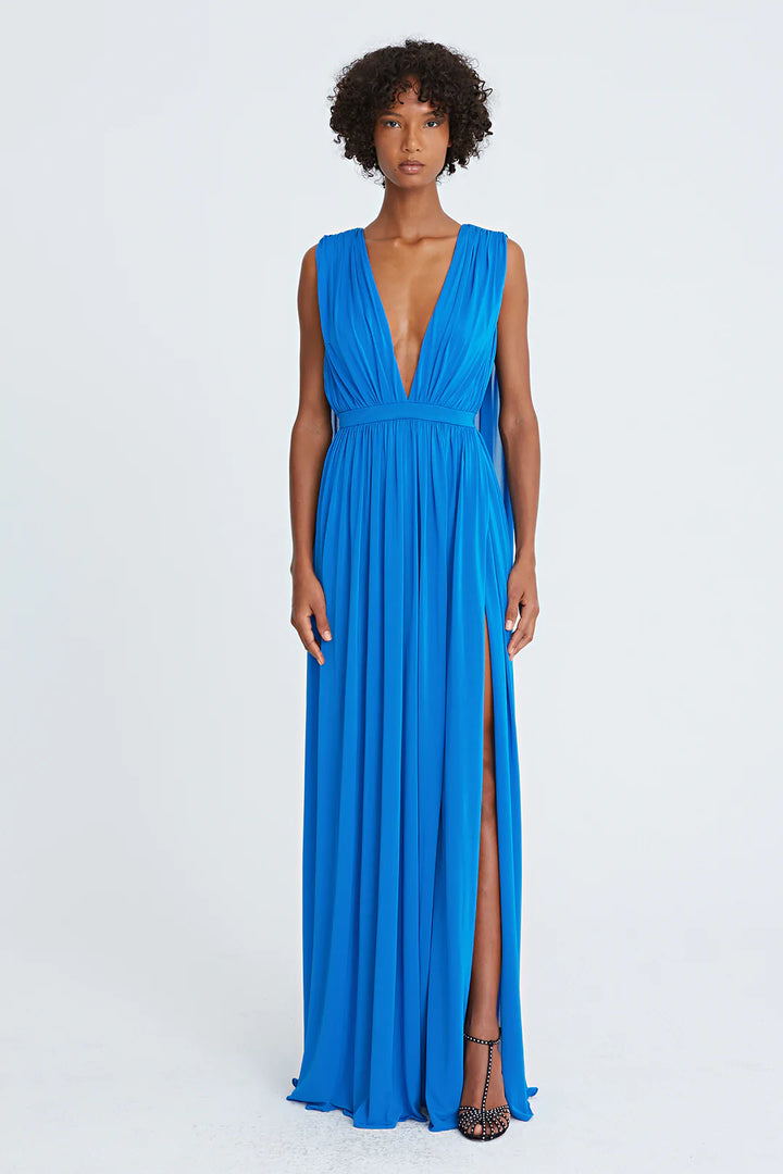 ASHLEY JERSEY V-NECK GOWN - Azure