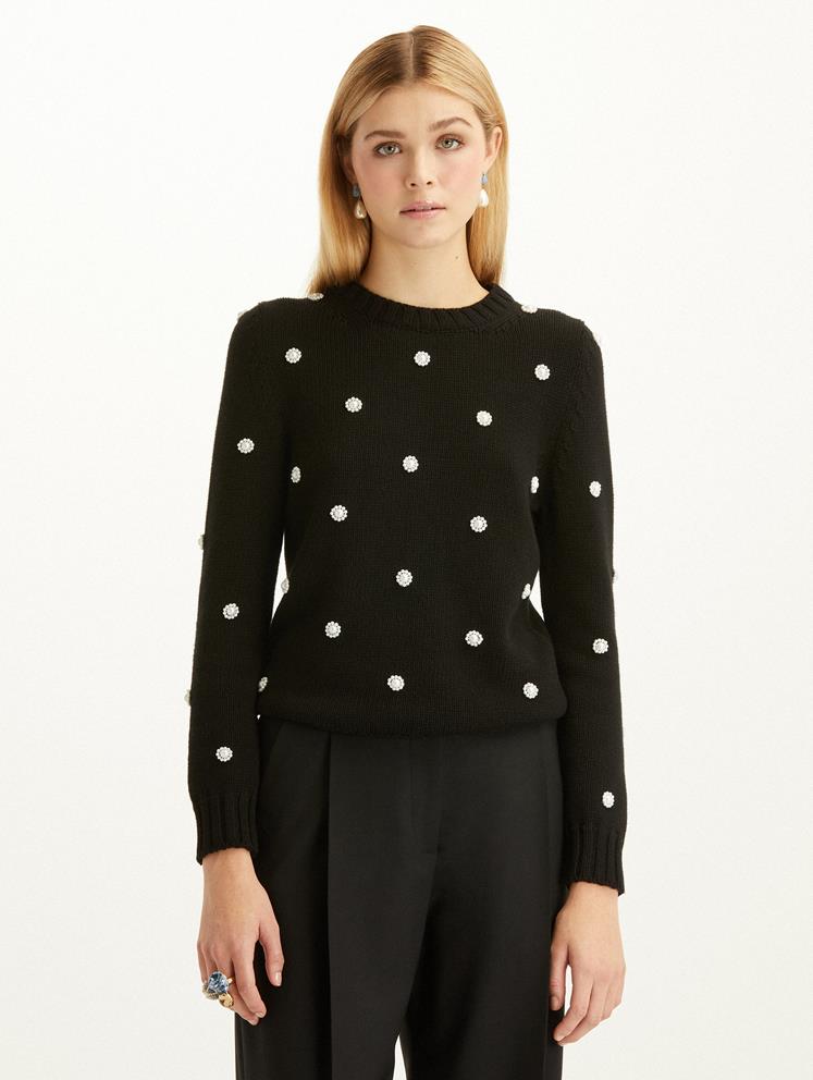 PEARL EMBROIDERED COTTON PULLOVER - Black