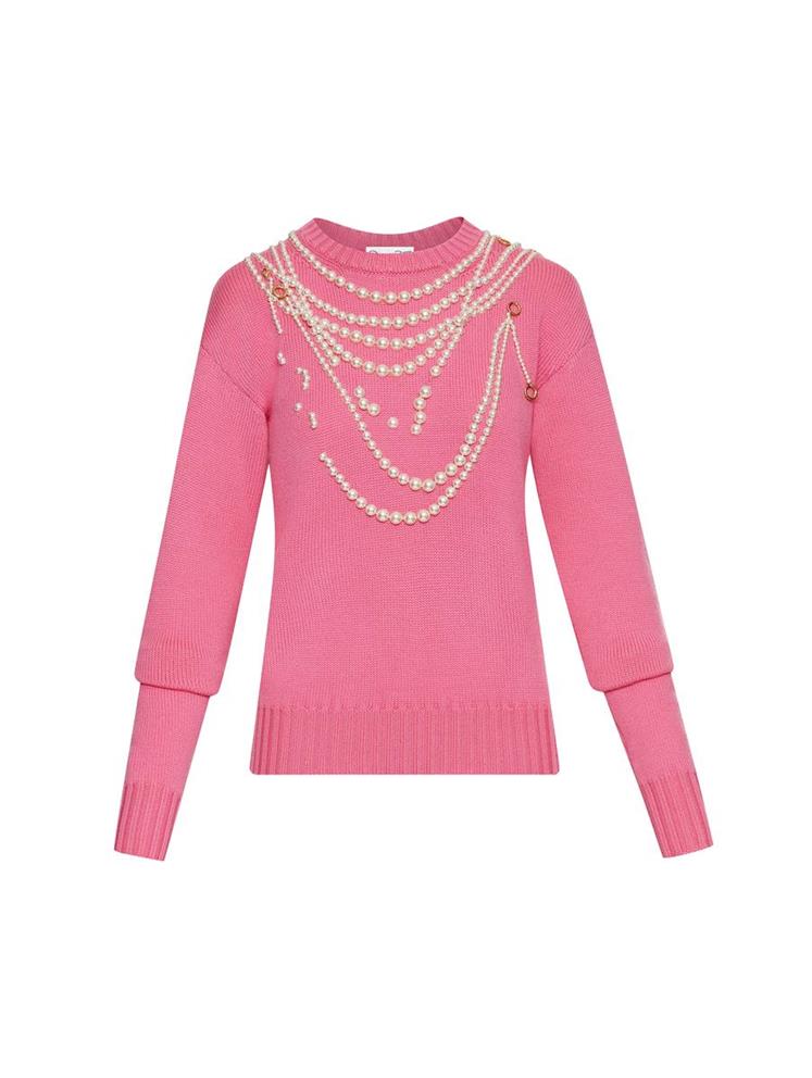 Pearl Embroidered Necklace Pullover - French Pink