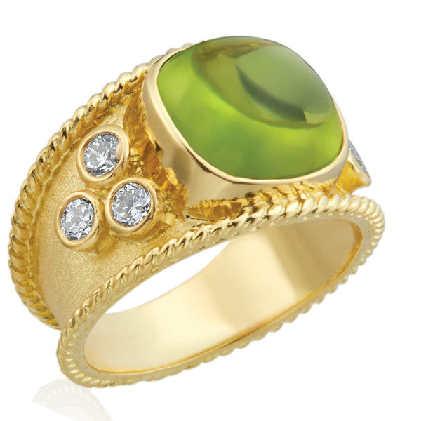 Peridot Cabochon Florentine Textured Ring - Green Gold