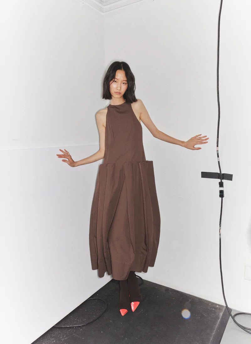 Poplin Pinched Pleat Dress - Brown