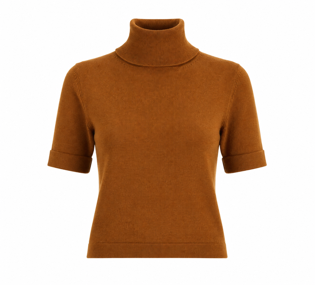 Short Sleeve Turtleneck Sweater - Brown