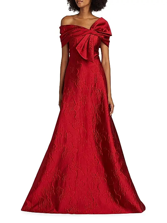 Floral Jacquard Bow-Shoulder Gown - Garnet