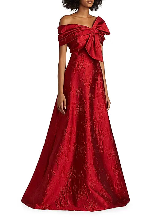 Floral Jacquard Bow-Shoulder Gown - Garnet