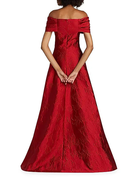 Floral Jacquard Bow-Shoulder Gown - Garnet