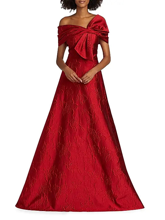 Floral Jacquard Bow-Shoulder Gown - Garnet