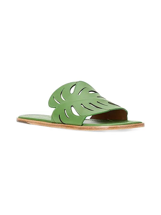 Palm Leather Flat Sandals - Medium Green