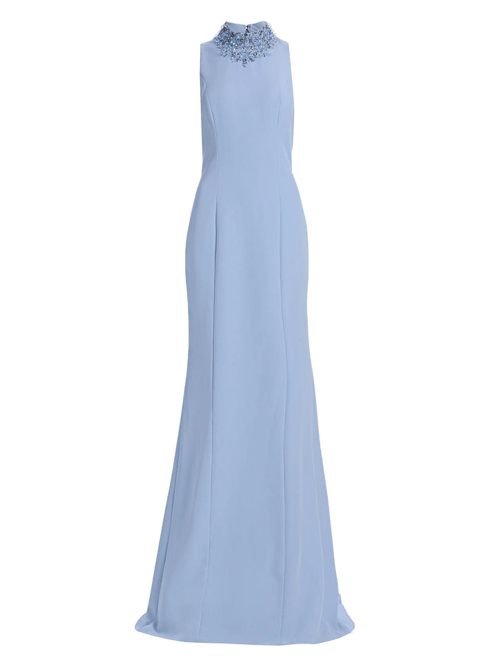 Crepe Beaded Neck Column Gown - Light Blue
