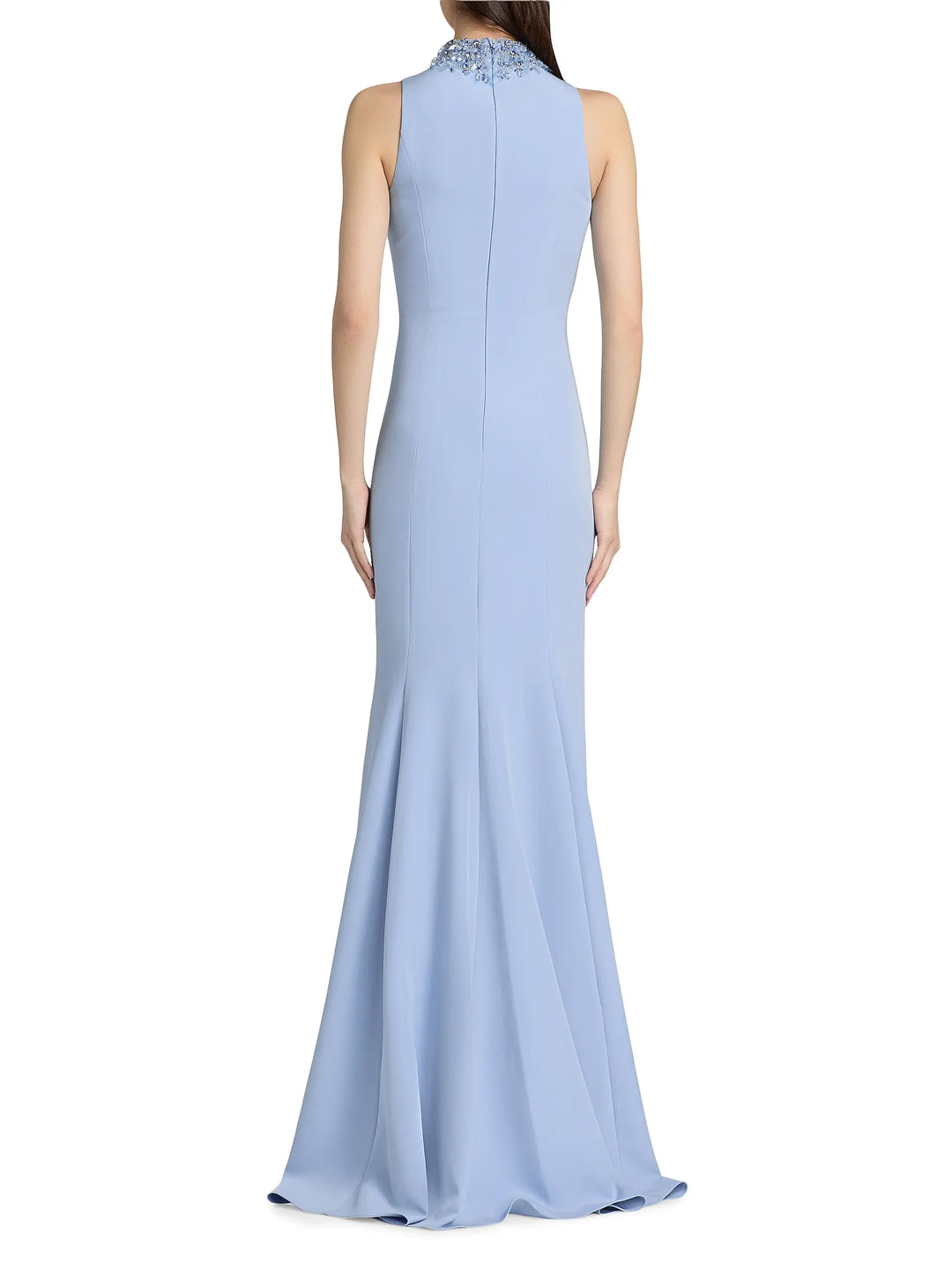 Crepe Beaded Neck Column Gown - Light Blue