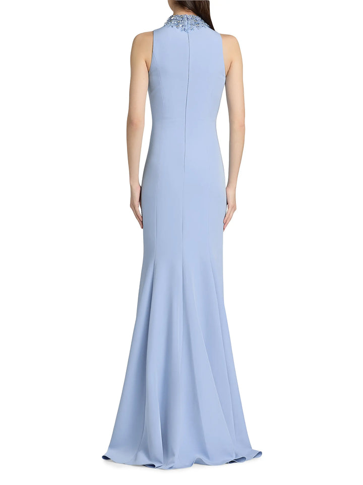 Crepe Beaded Neck Column Gown - Light Blue