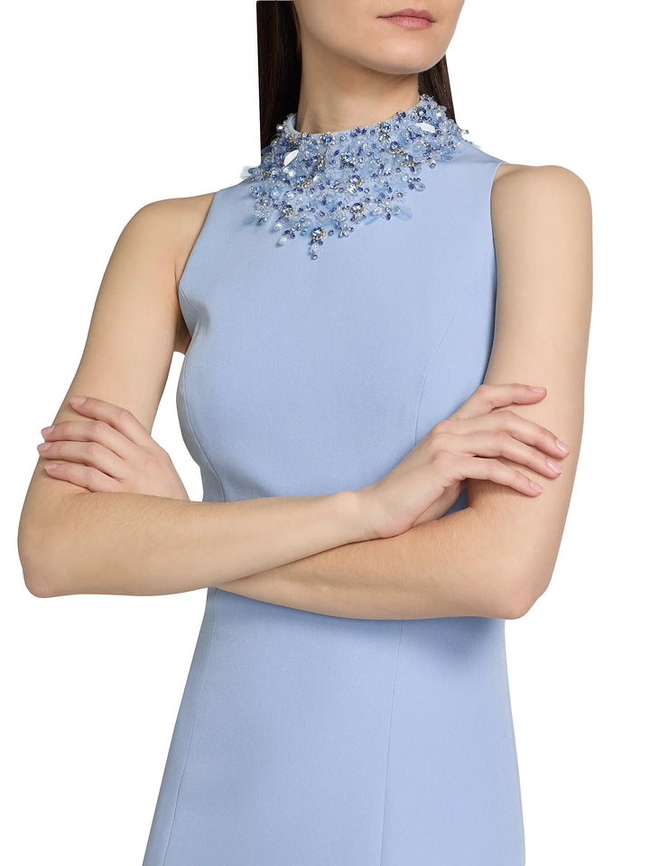 Crepe Beaded Neck Column Gown - Light Blue