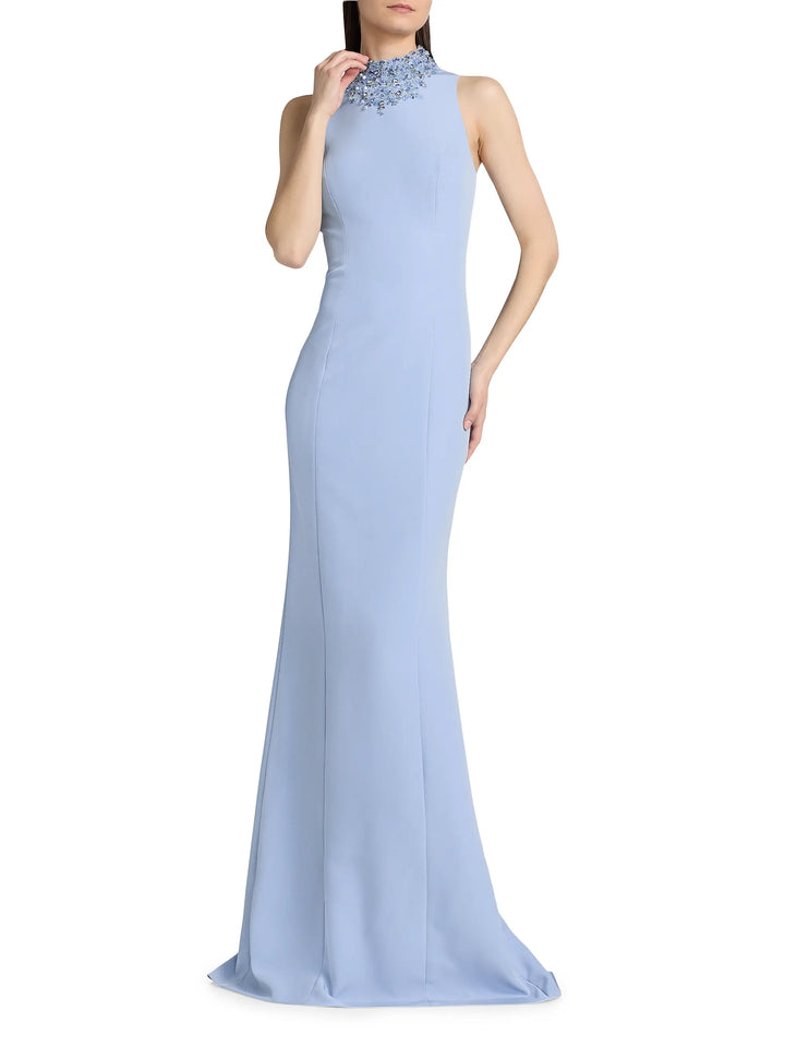 Crepe Beaded Neck Column Gown - Light Blue