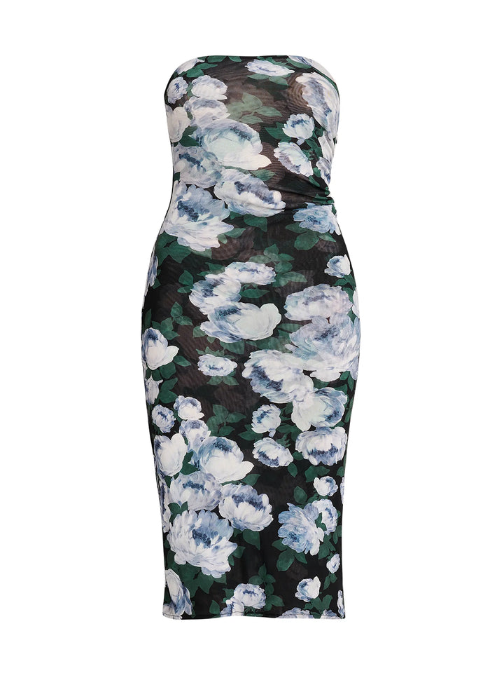 Bunch Of Roses Mesh Strapless Dress - Black Multi