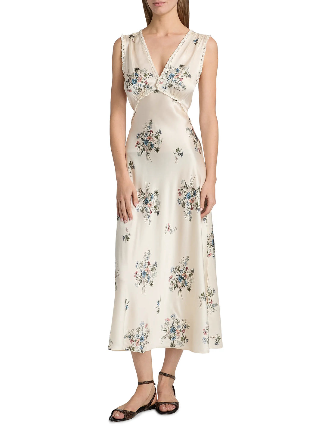 Tahlia Floral Silk V-Neck Midi-Dress- White Multi