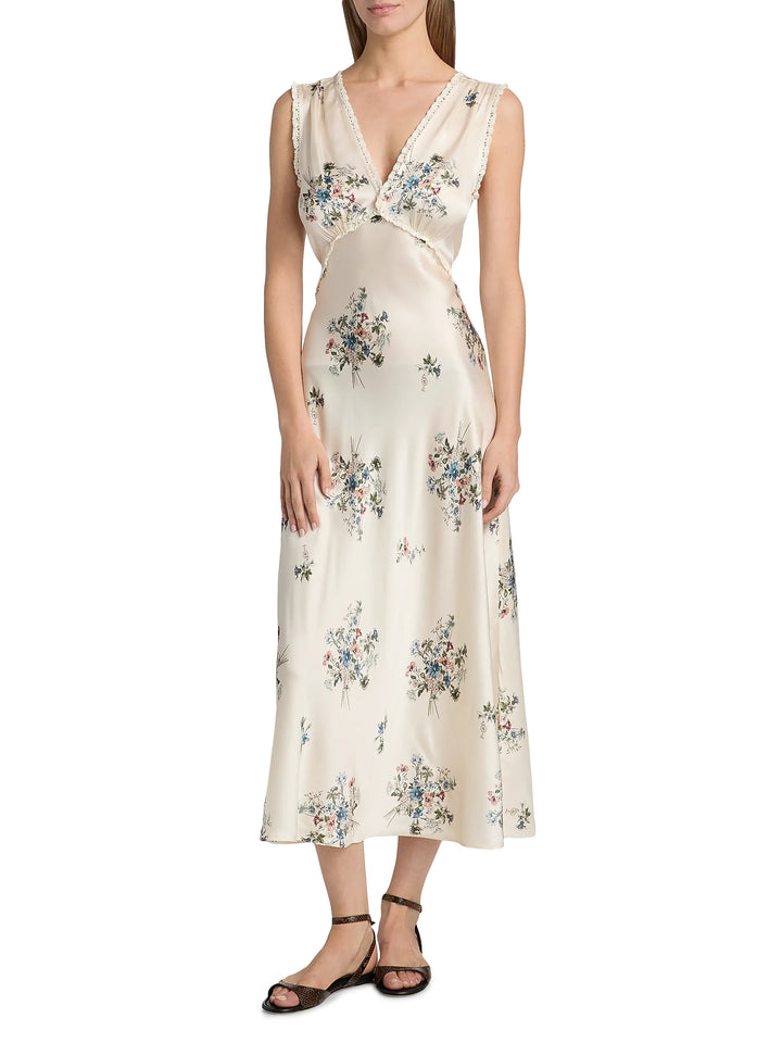 Tahlia Floral Silk V-Neck Midi-Dress- White Multi