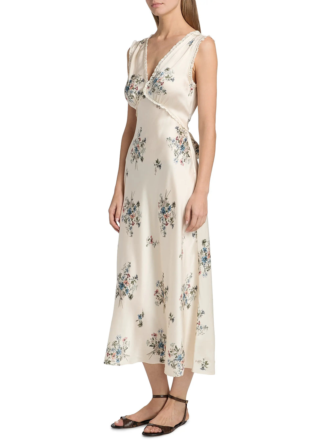 Tahlia Floral Silk V-Neck Midi-Dress- White Multi
