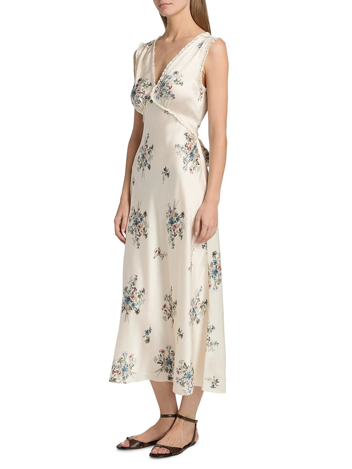 Tahlia Floral Silk V-Neck Midi-Dress- White Multi