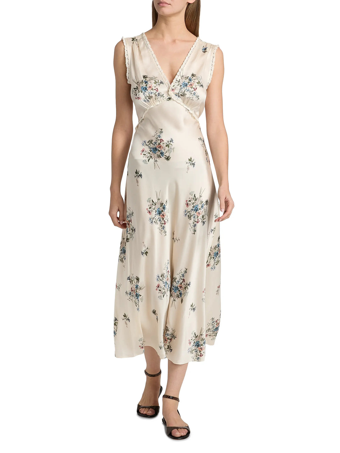 Tahlia Floral Silk V-Neck Midi-Dress- White Multi