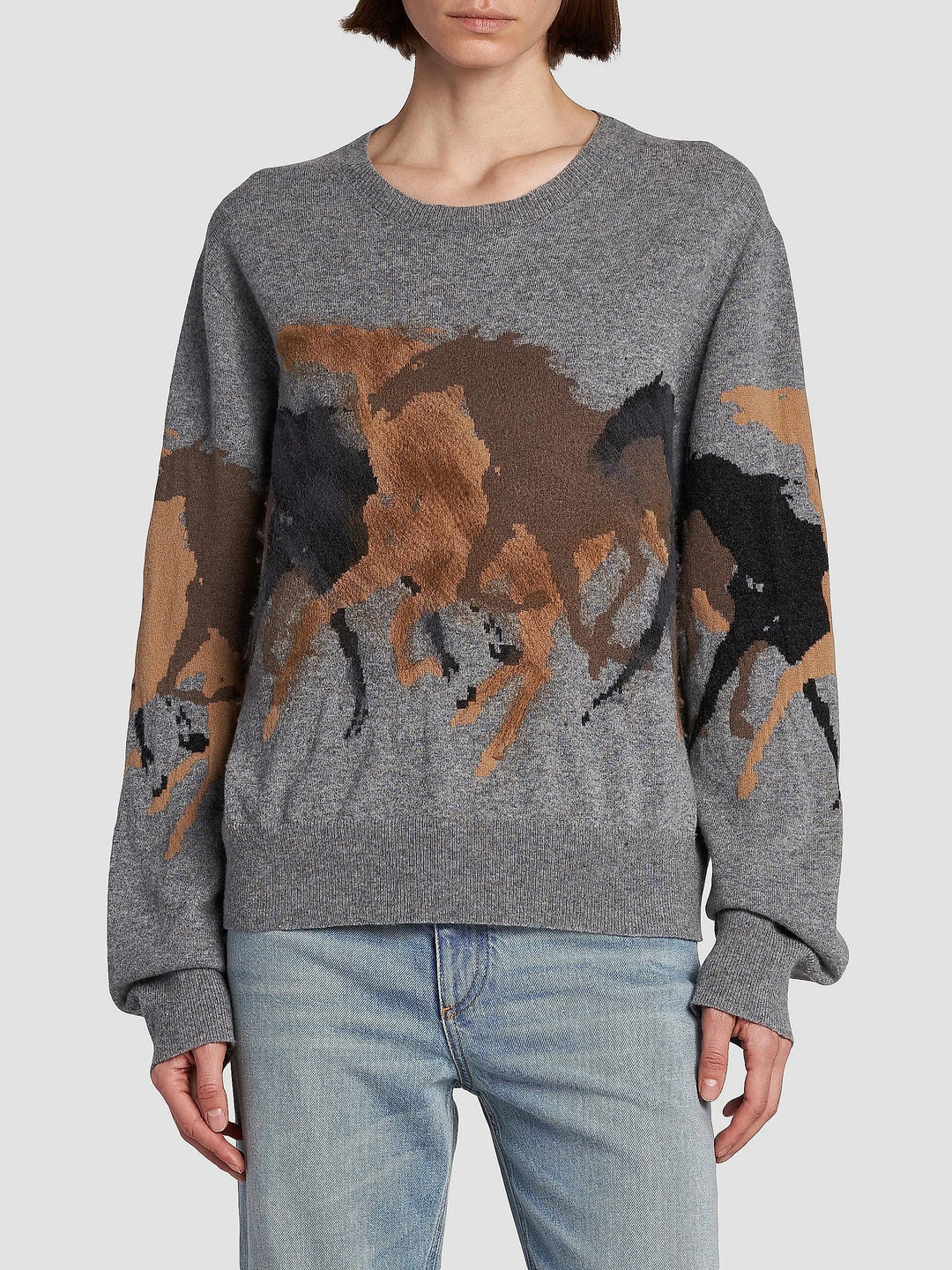 Racing Horses Wool Sweater - Grey Multi