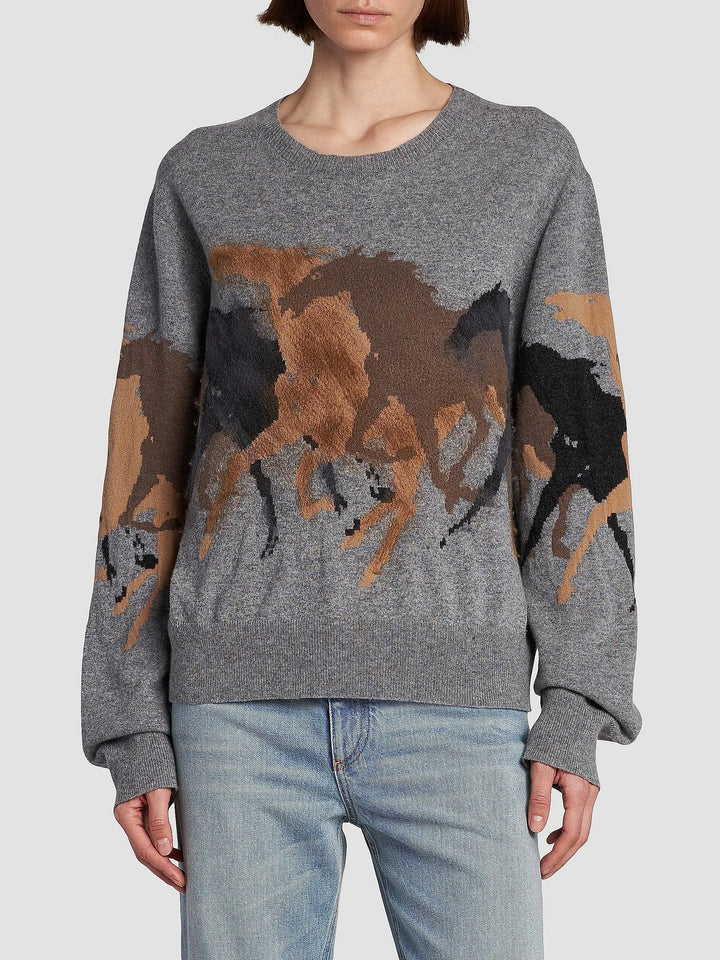 Racing Horses Wool Sweater - Grey Multi