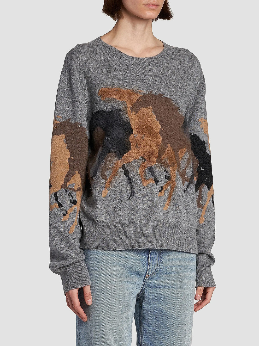 Racing Horses Wool Sweater - Grey Multi