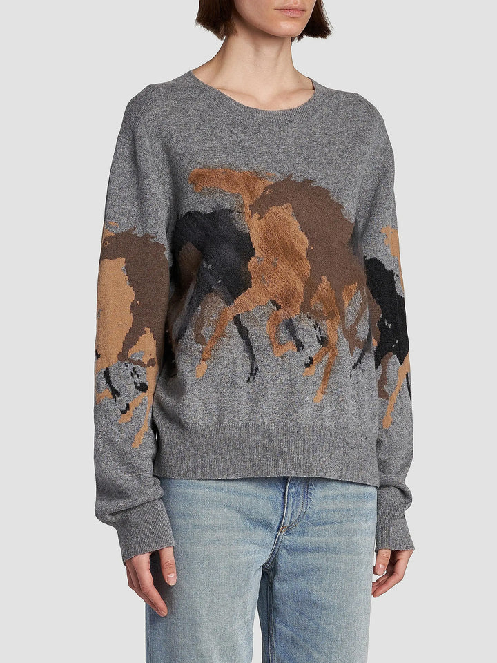 Racing Horses Wool Sweater - Grey Multi
