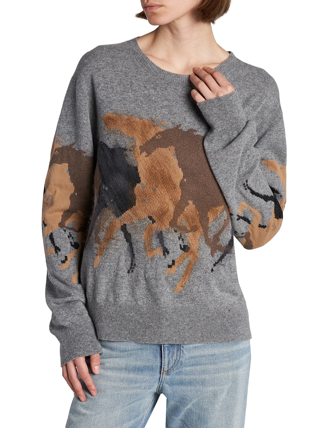 Racing Horses Wool Sweater - Grey Multi