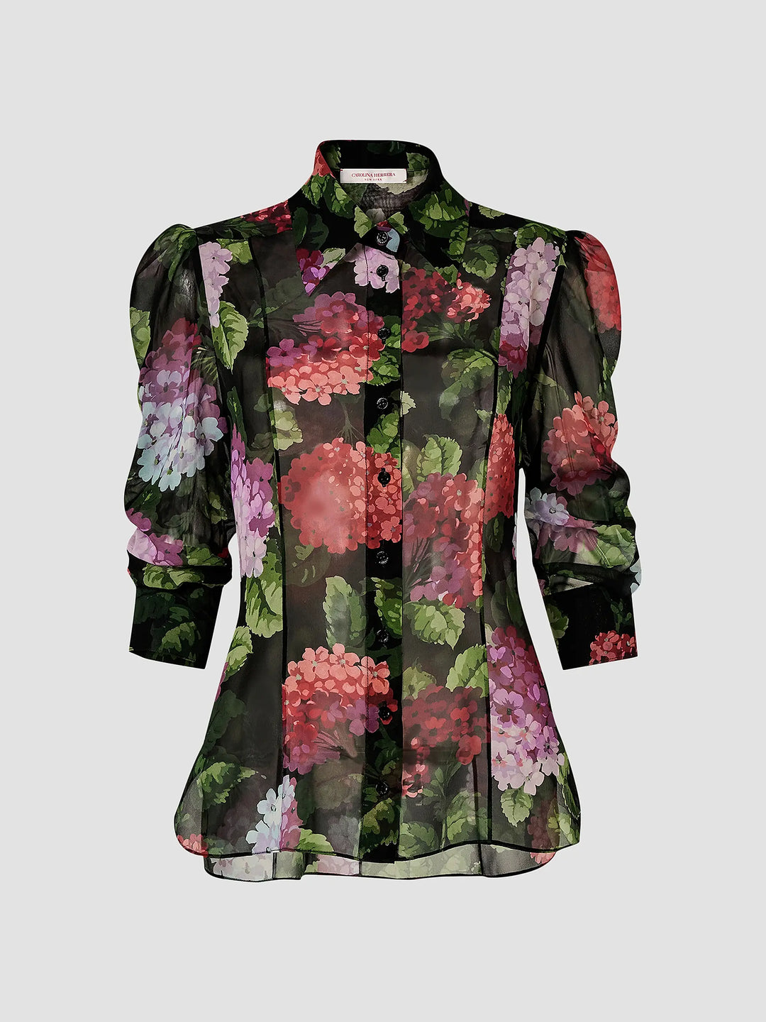 Hydrangea-Print Chiffon Blouse - Black Multi